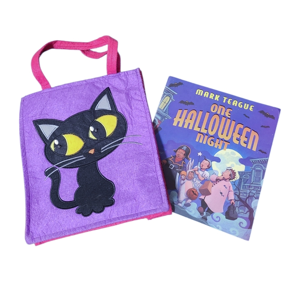 Halloween Kids Bundle: One Halloween Night Paperback Book And Cat Tote Bag
